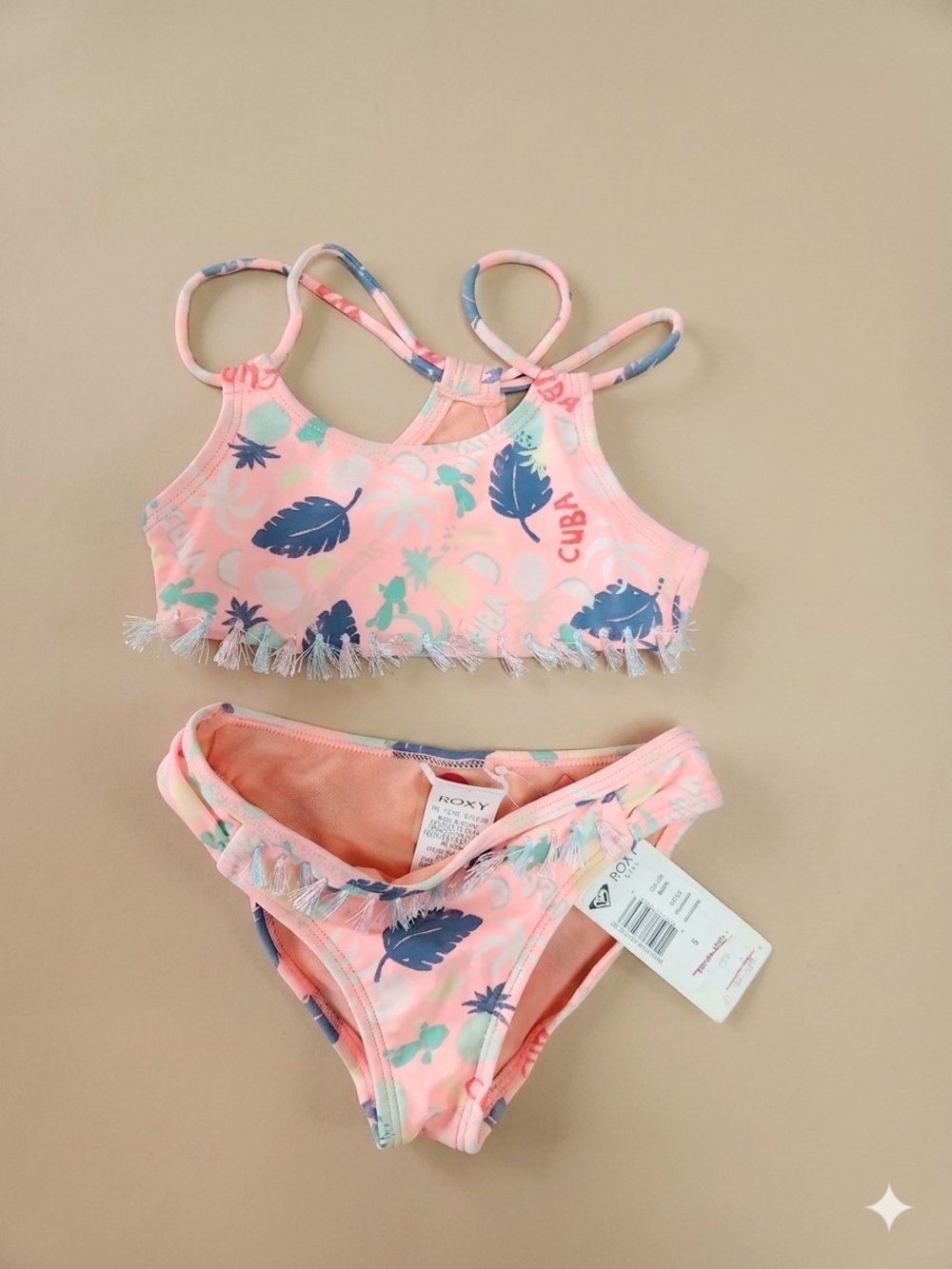 Roxy Pink Tropical Fringe Girls Two-Piece Swim Set